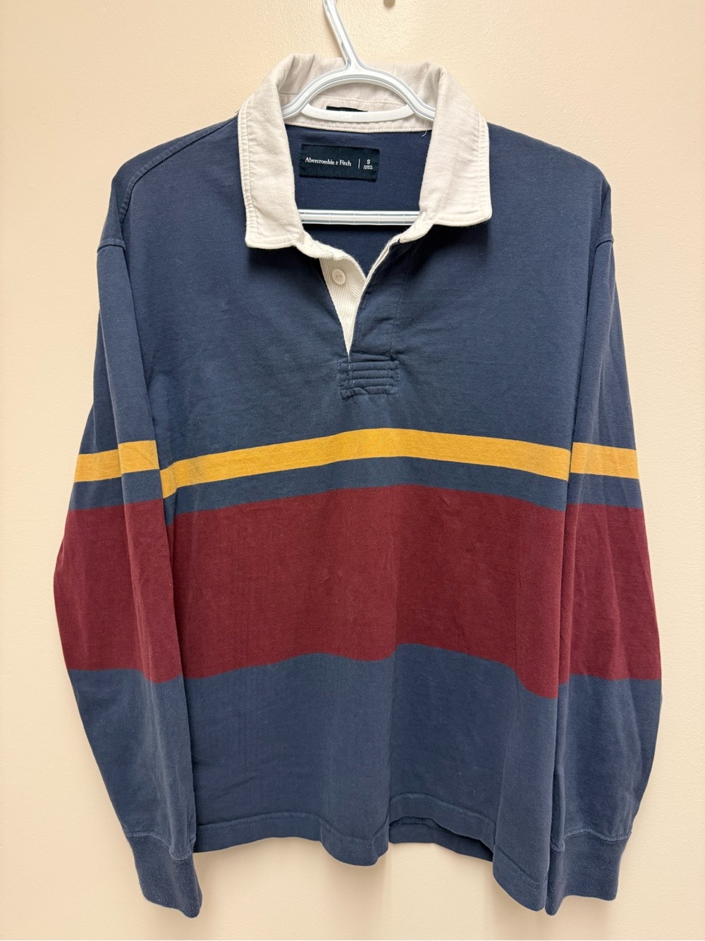 Abercrombie & Fitch Navy Rugby Shirt with Burgundy and Gold Stripes